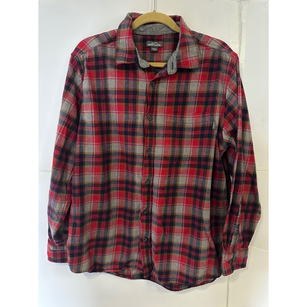 Eddie‎ Bauer Mens XL Flannel Shirt Red Gray Plaid Long Sleeve Button Up